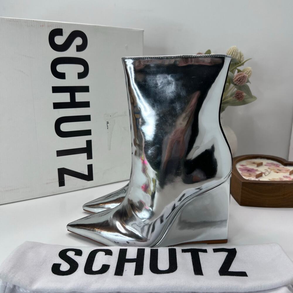 Schutz Abya Leather Metallic Wedge Boot Silver Women's 7B